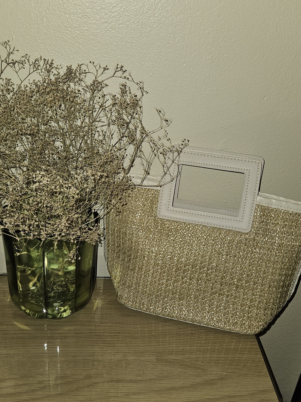 Woven Straw Cosmetic Pouch with White Trim